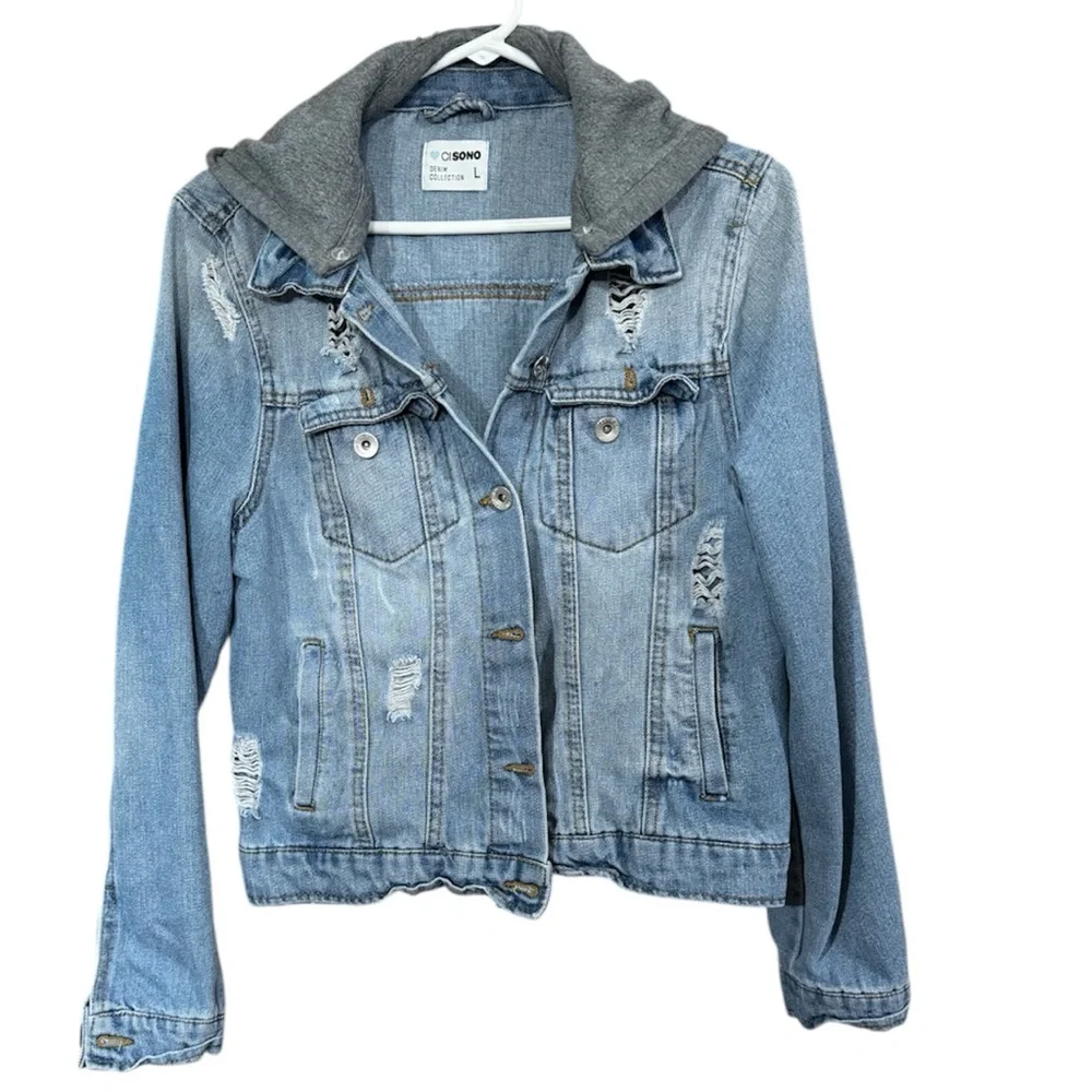 Ci Sono Light Blue Distressed Denim Jacket with hood Large EUC - Picture 1 of 5